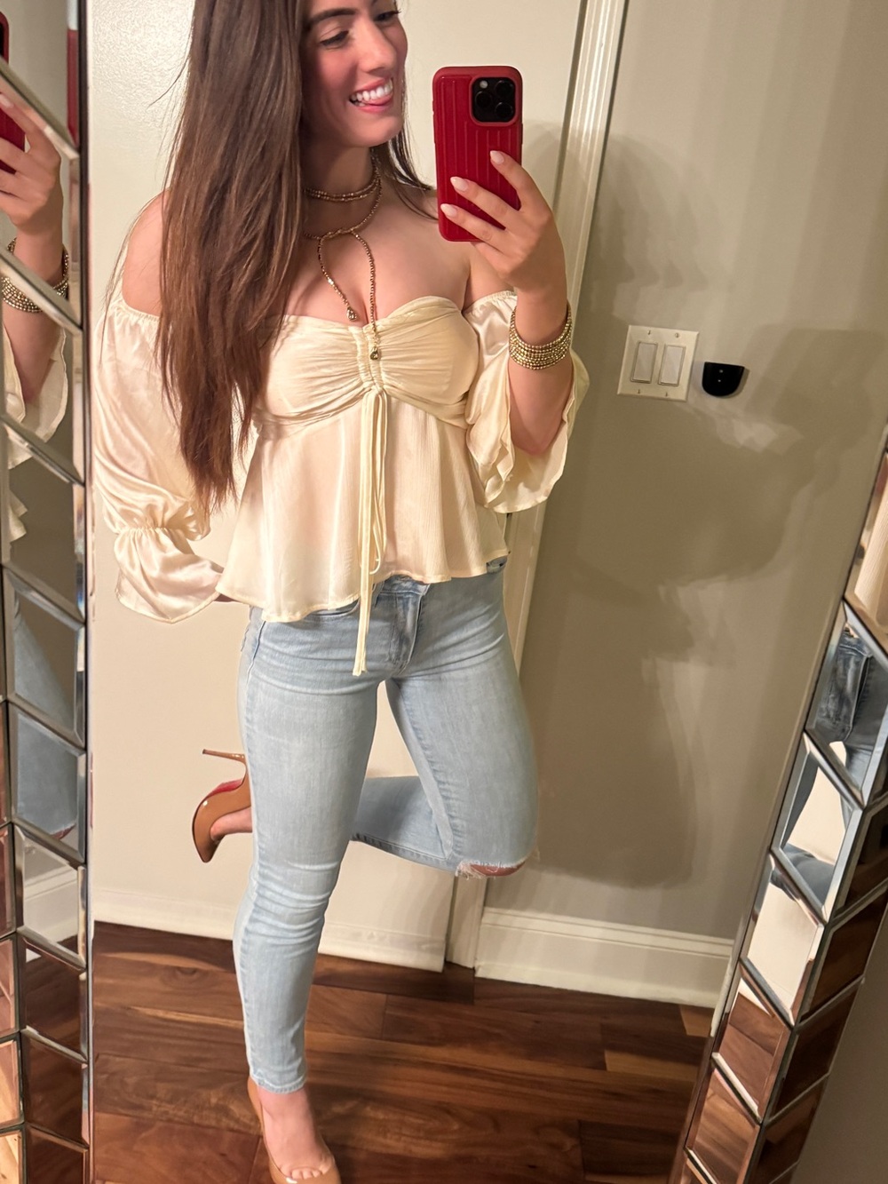 Off-Shoulder Cream Satin Blouse with Tie Front - Picture 2 of 3